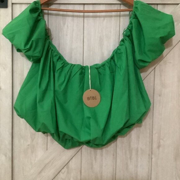 BIBI-KELLY GREEN STATEMENT PUFF SLEEVE OFF SHOULDER BUBBLE CROPPED-NWT-SIZE-L - Picture 2 of 4